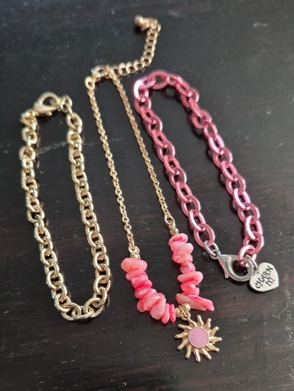 Pink & Gold Tone Sun Charm Bracelet/Anklet Set